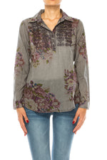 Load image into Gallery viewer, Gray Vintage Collared Blouse with Embroidery
