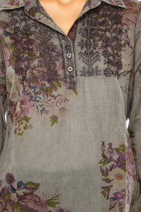 Gray Vintage Collared Blouse with Embroidery