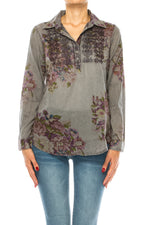 Load image into Gallery viewer, Gray Vintage Collared Blouse with Embroidery
