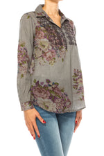 Load image into Gallery viewer, Gray Vintage Collared Blouse with Embroidery
