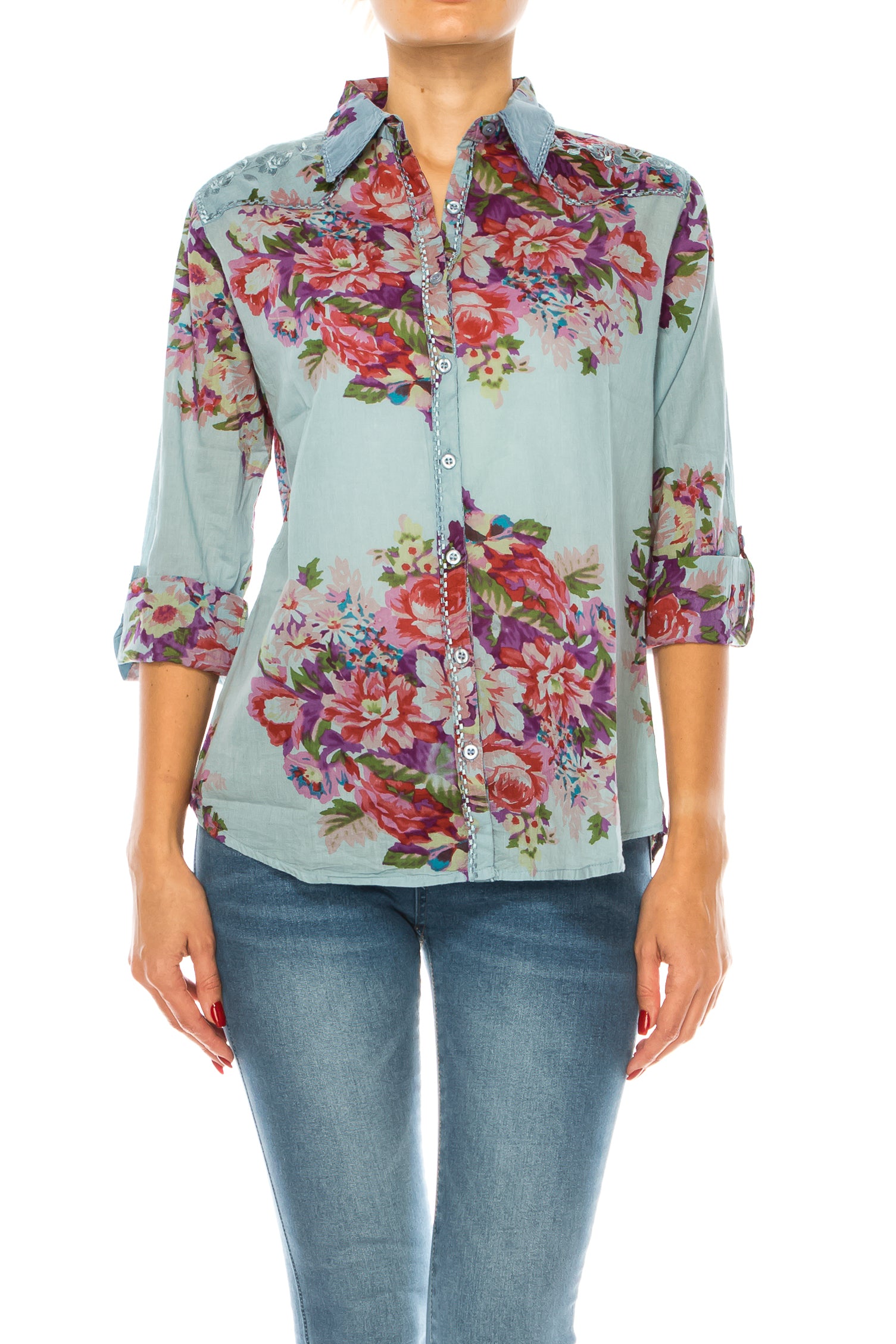 Vintage Blue Floral Western Shirt with Embroidery