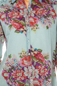 Vintage Blue Floral Western Shirt with Embroidery