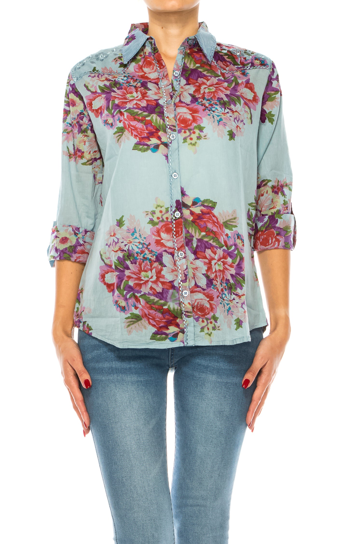 Vintage Blue Floral Western Shirt with Embroidery