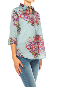 Vintage Blue Floral Western Shirt with Embroidery