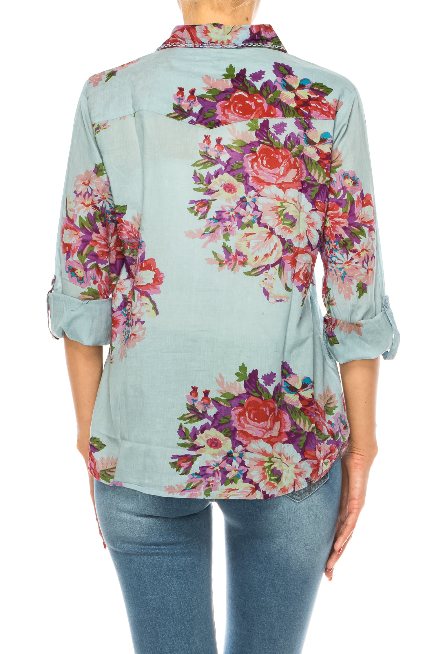 Vintage Blue Floral Western Shirt with Embroidery