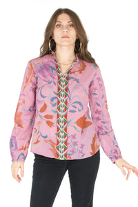 Floral Printed Button-Down Tunic with Colorful Embroidery