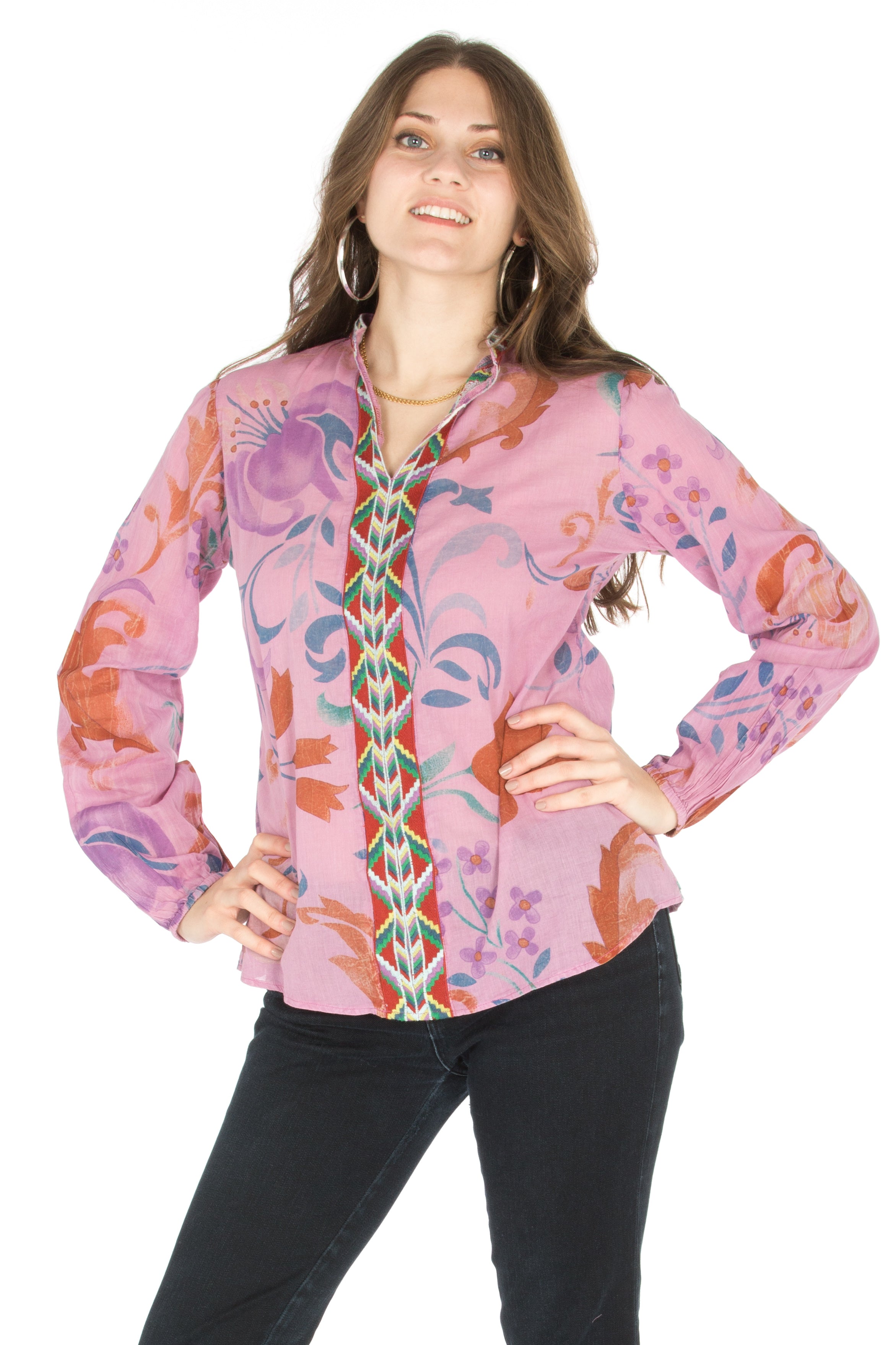 Floral Printed Button-Down Tunic with Colorful Embroidery