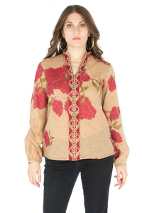 Floral Printed Button-Down Tunic with Colorful Embroidery