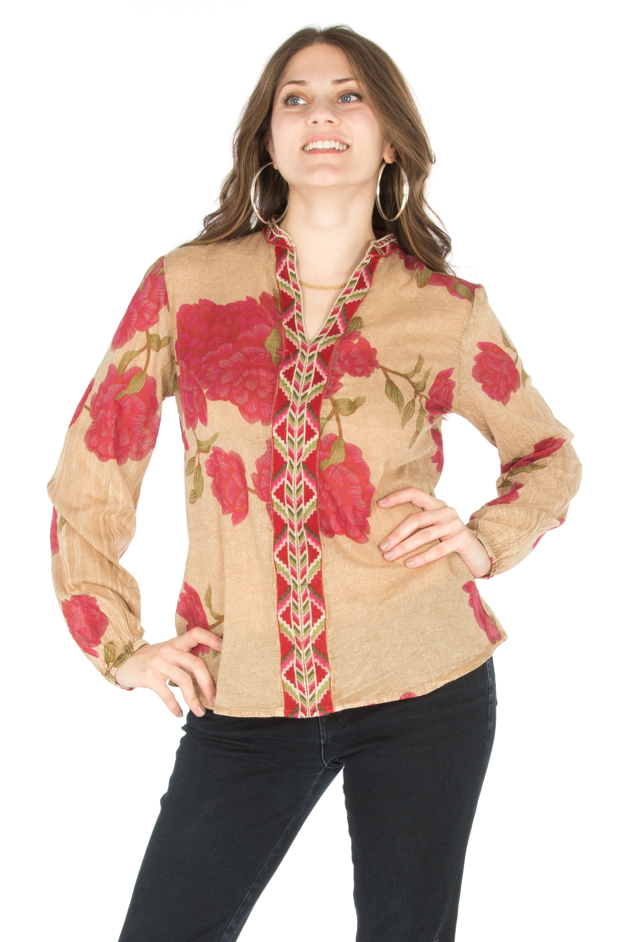 Floral Printed Button-Down Tunic with Colorful Embroidery