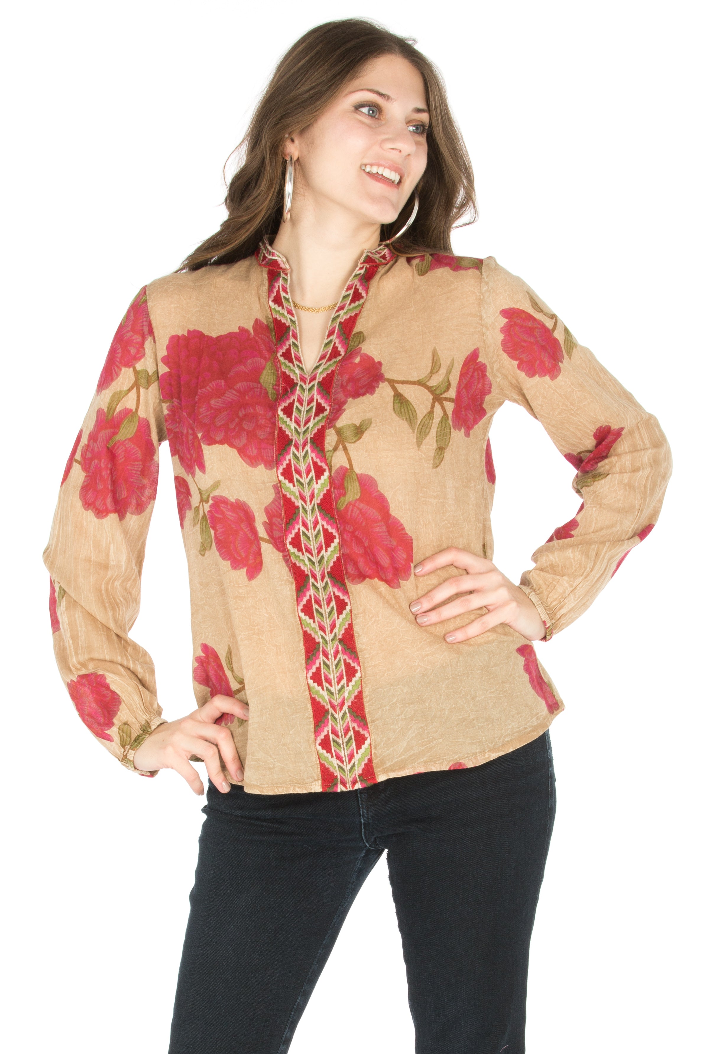 Floral Printed Button-Down Tunic with Colorful Embroidery