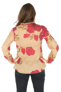 Floral Printed Button-Down Tunic with Colorful Embroidery