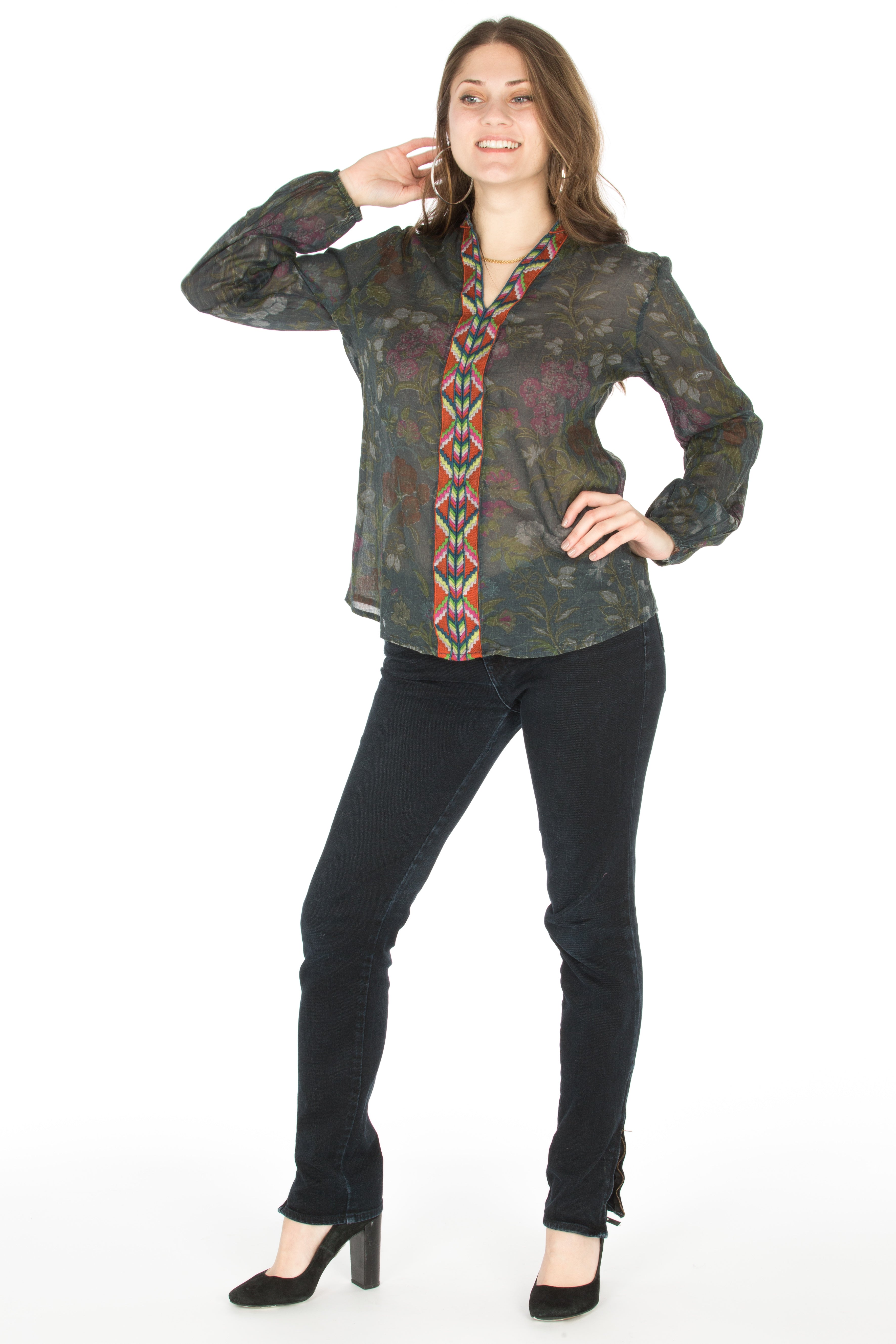 Floral Printed Button-Down Tunic with Colorful Embroidery