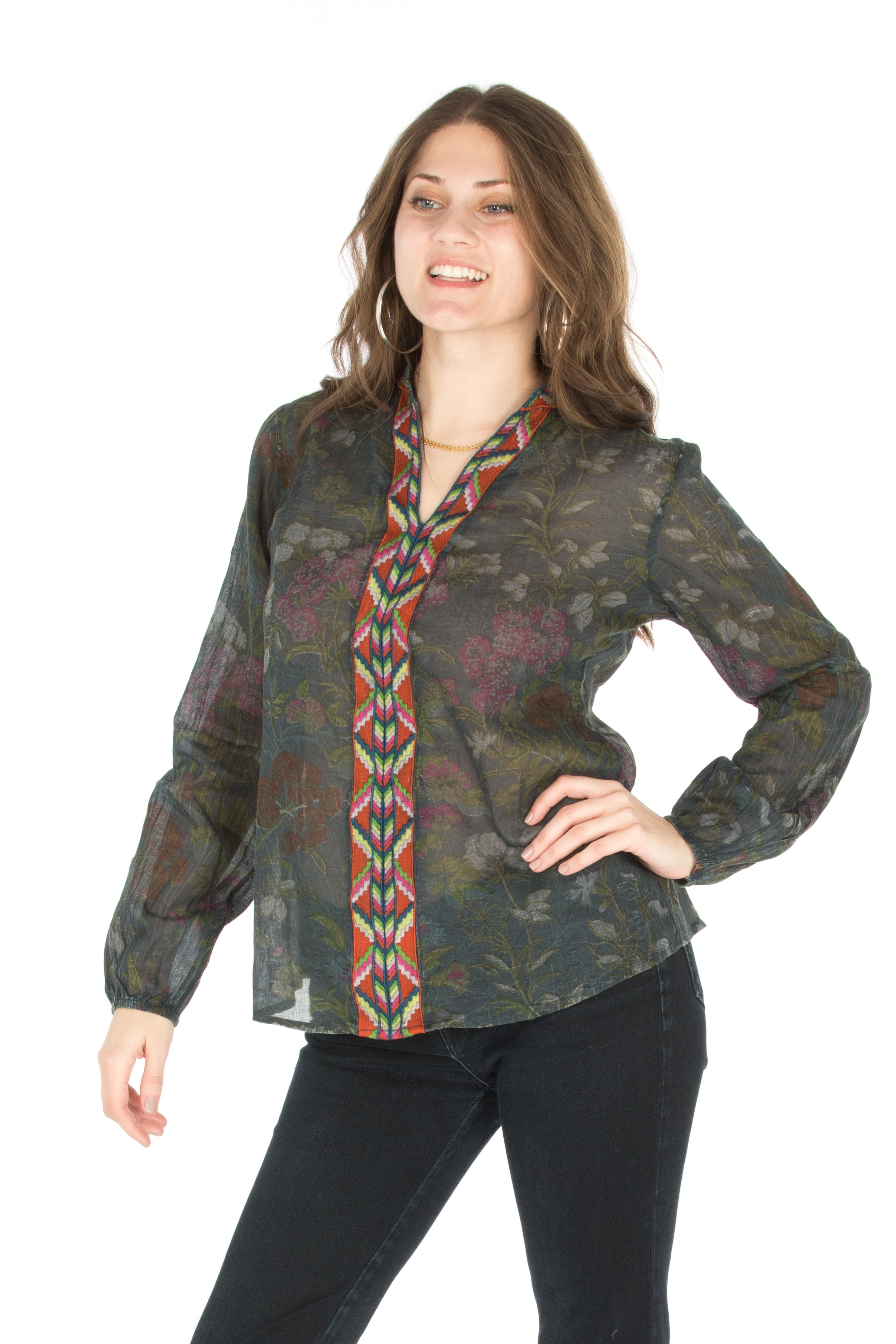 Floral Printed Button-Down Tunic with Colorful Embroidery