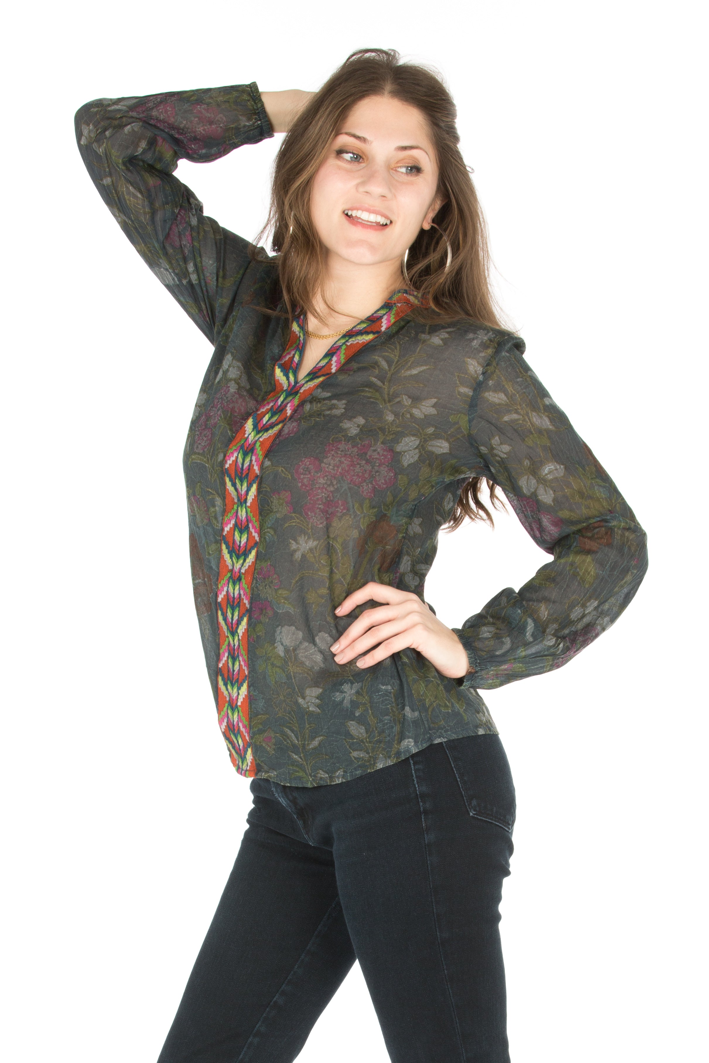 Floral Printed Button-Down Tunic with Colorful Embroidery