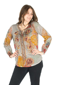 Floral Boho Top with Draw Strings and Embroidery