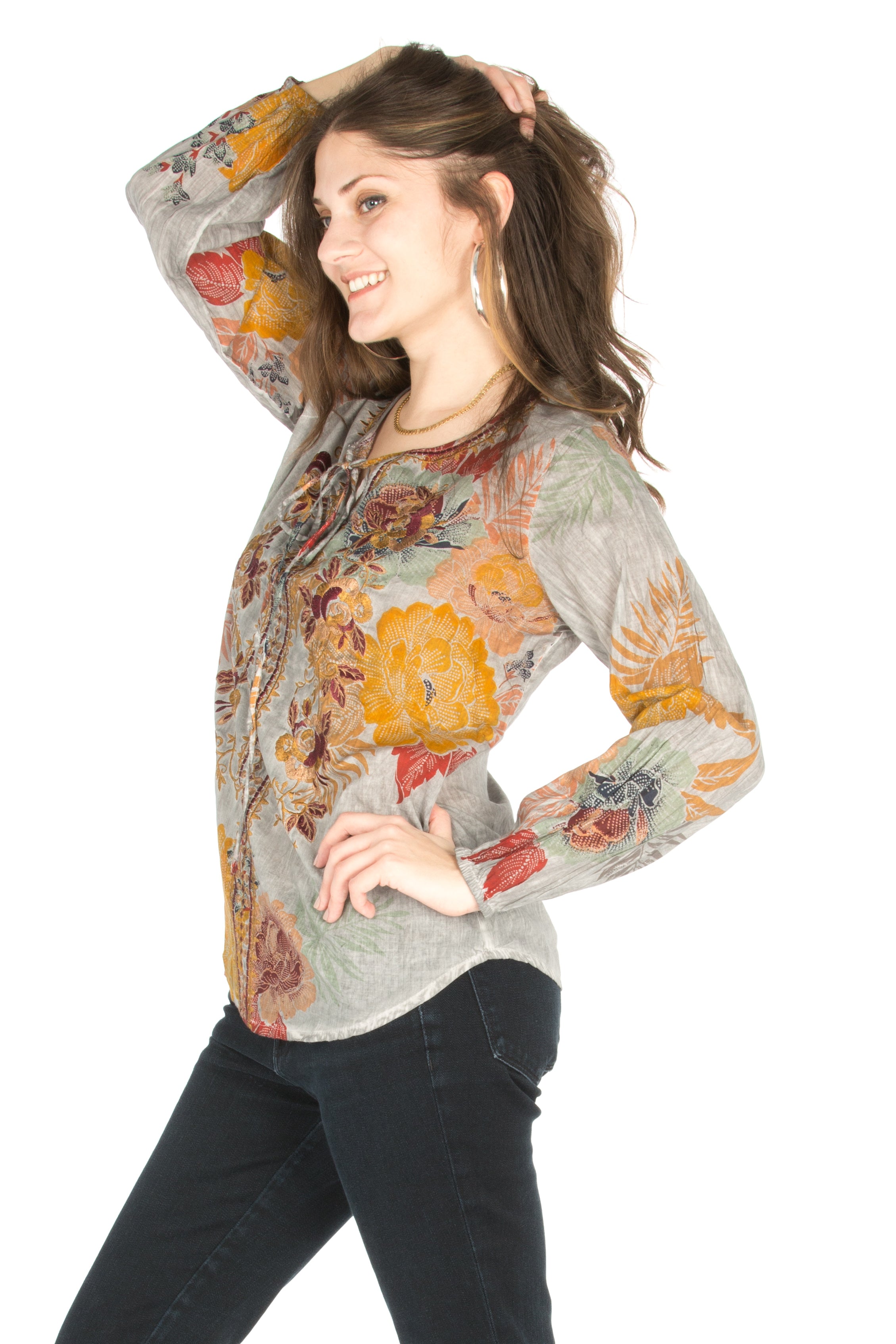 Floral Boho Top with Draw Strings and Embroidery