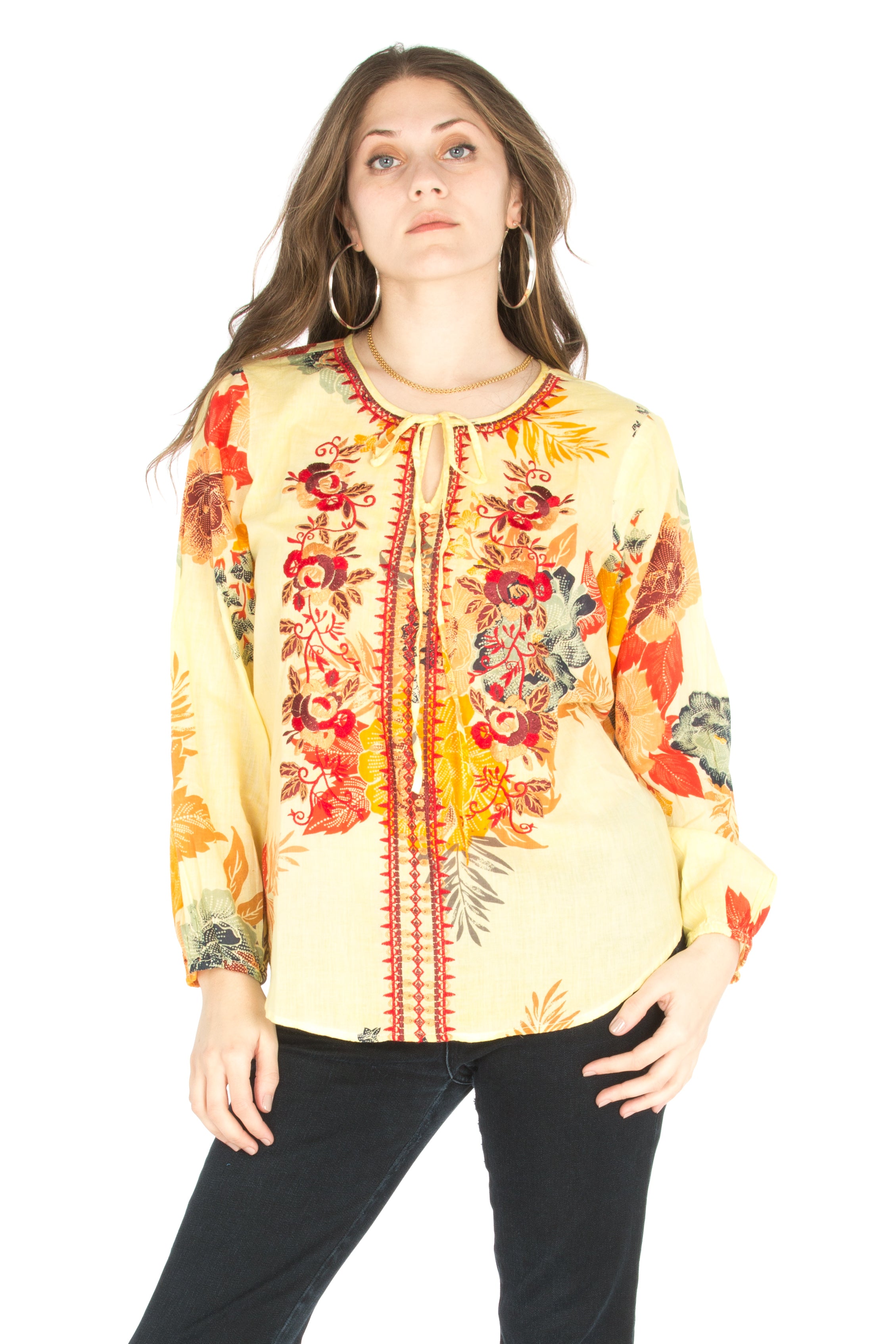 Floral Boho Top with Draw Strings and Embroidery