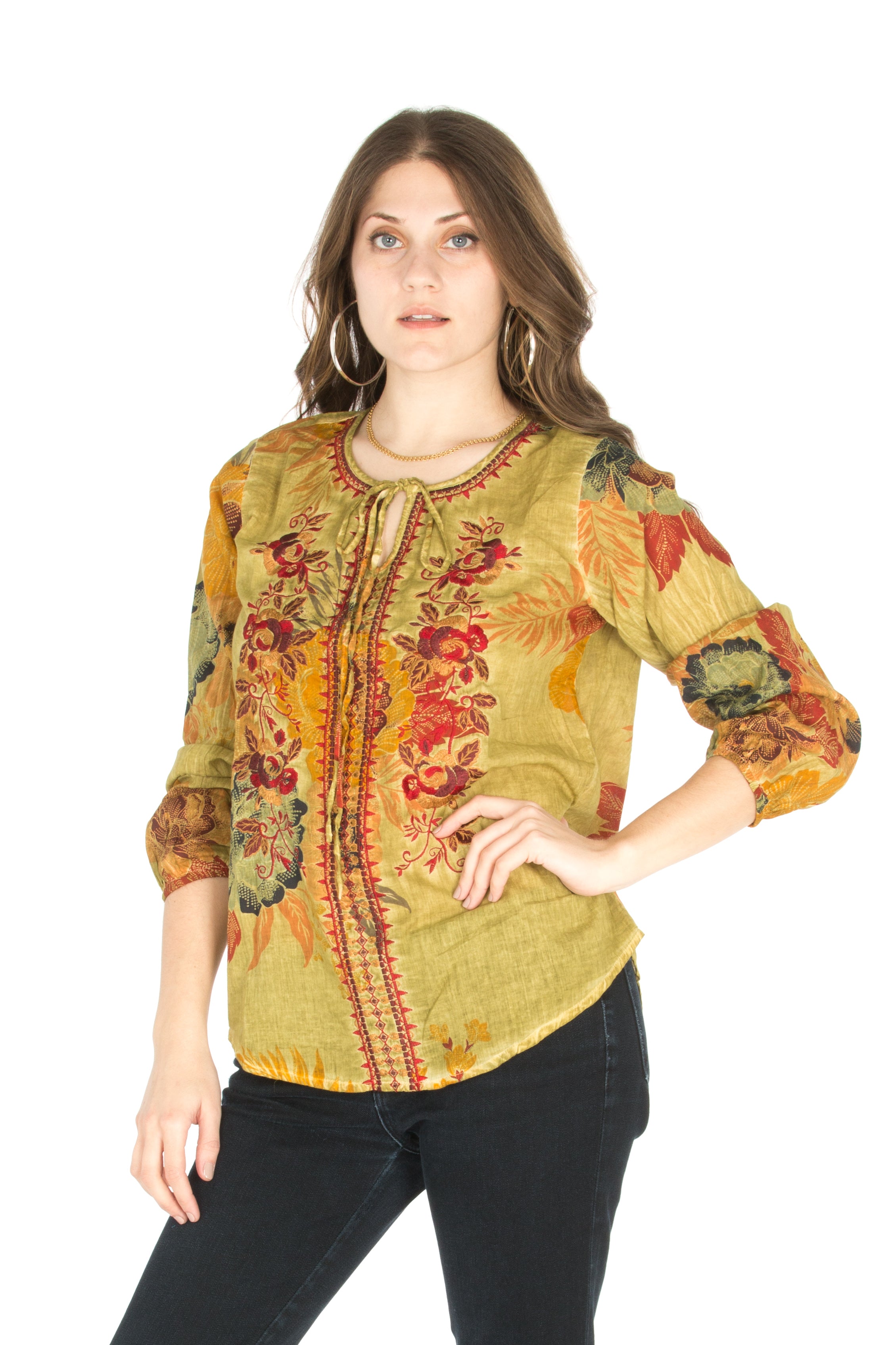 Floral Boho Top with Draw Strings and Embroidery