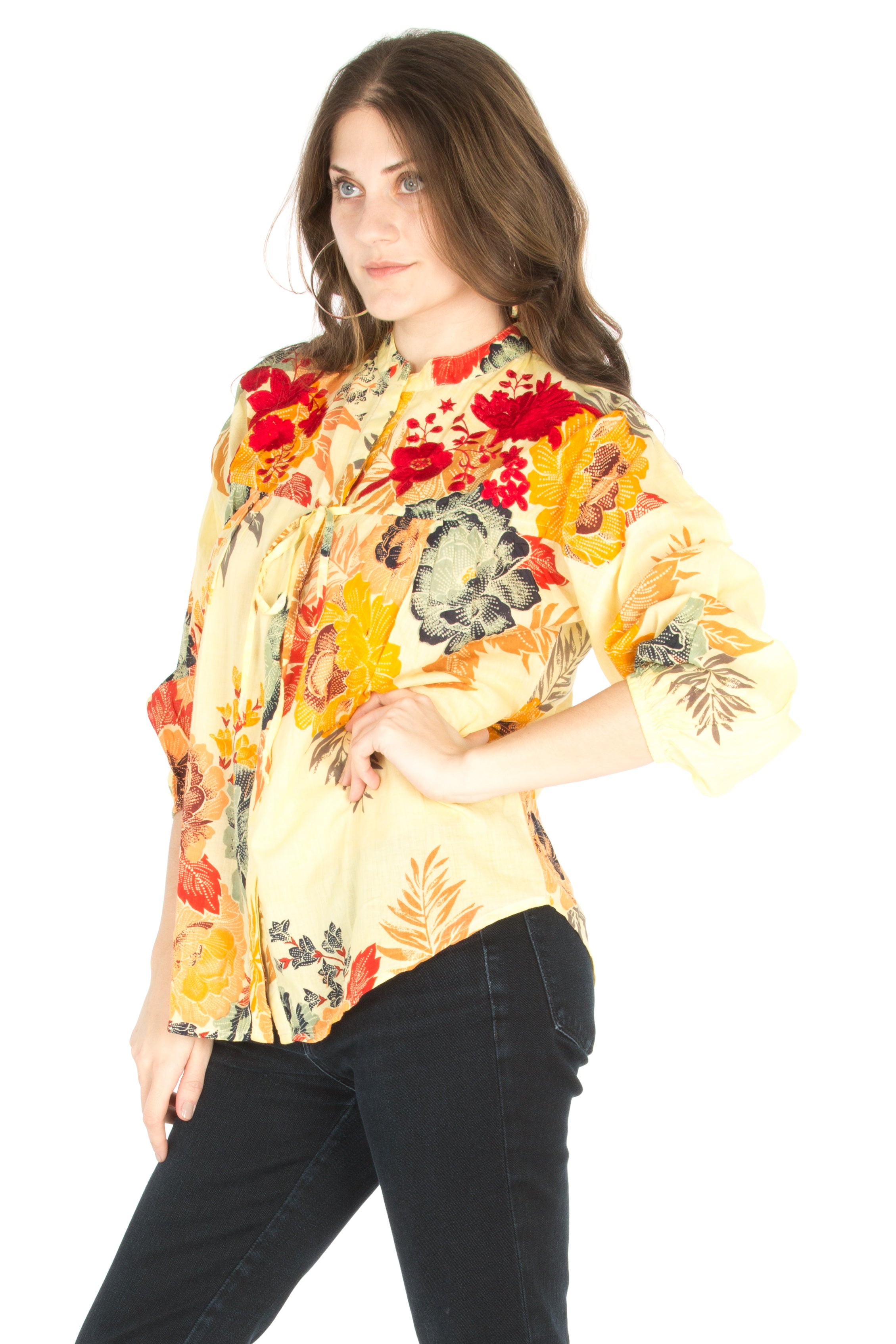 Floral Boho Top with Draw Strings and Embroidery