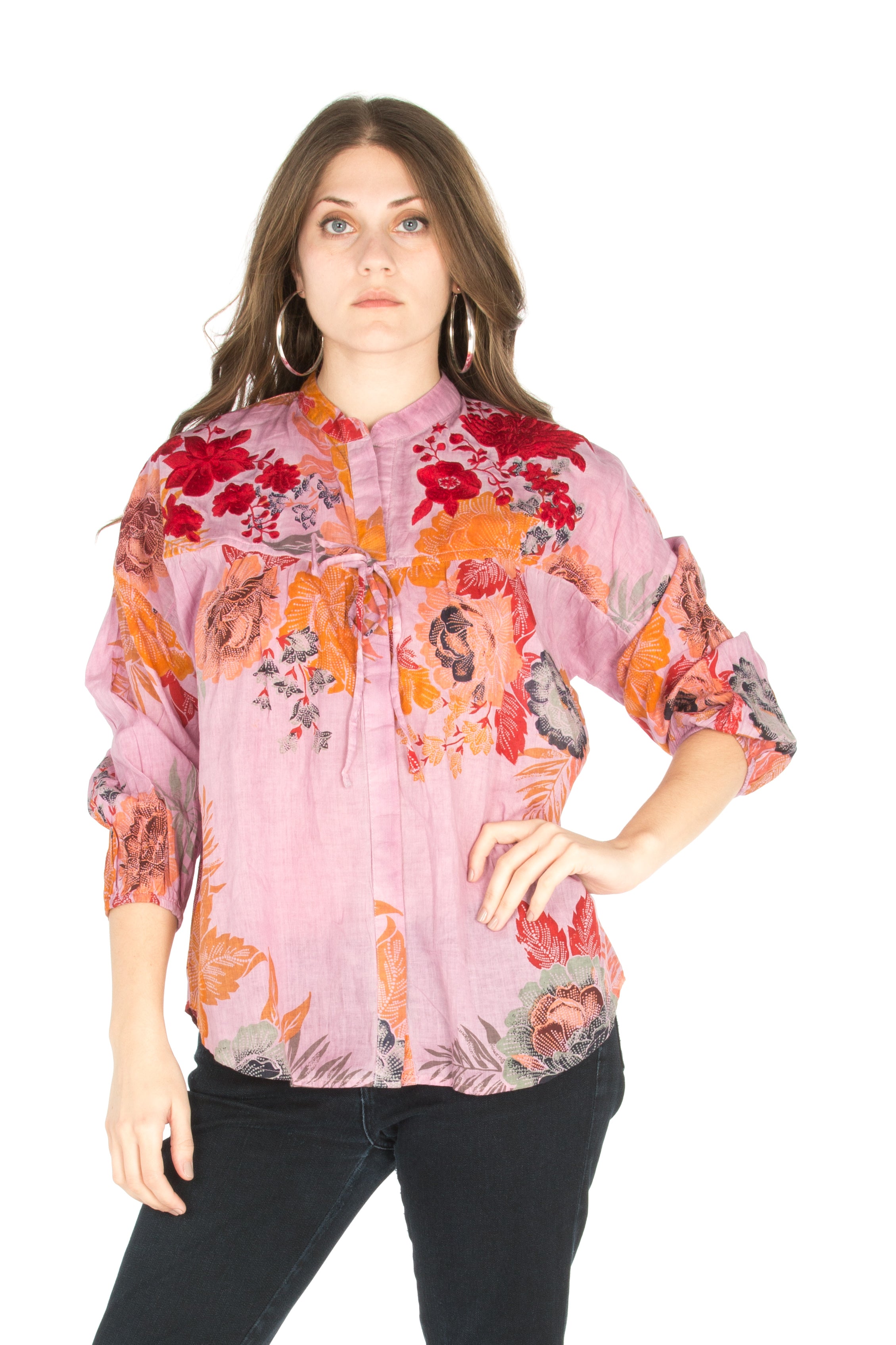 Floral Boho Top with Draw Strings and Embroidery