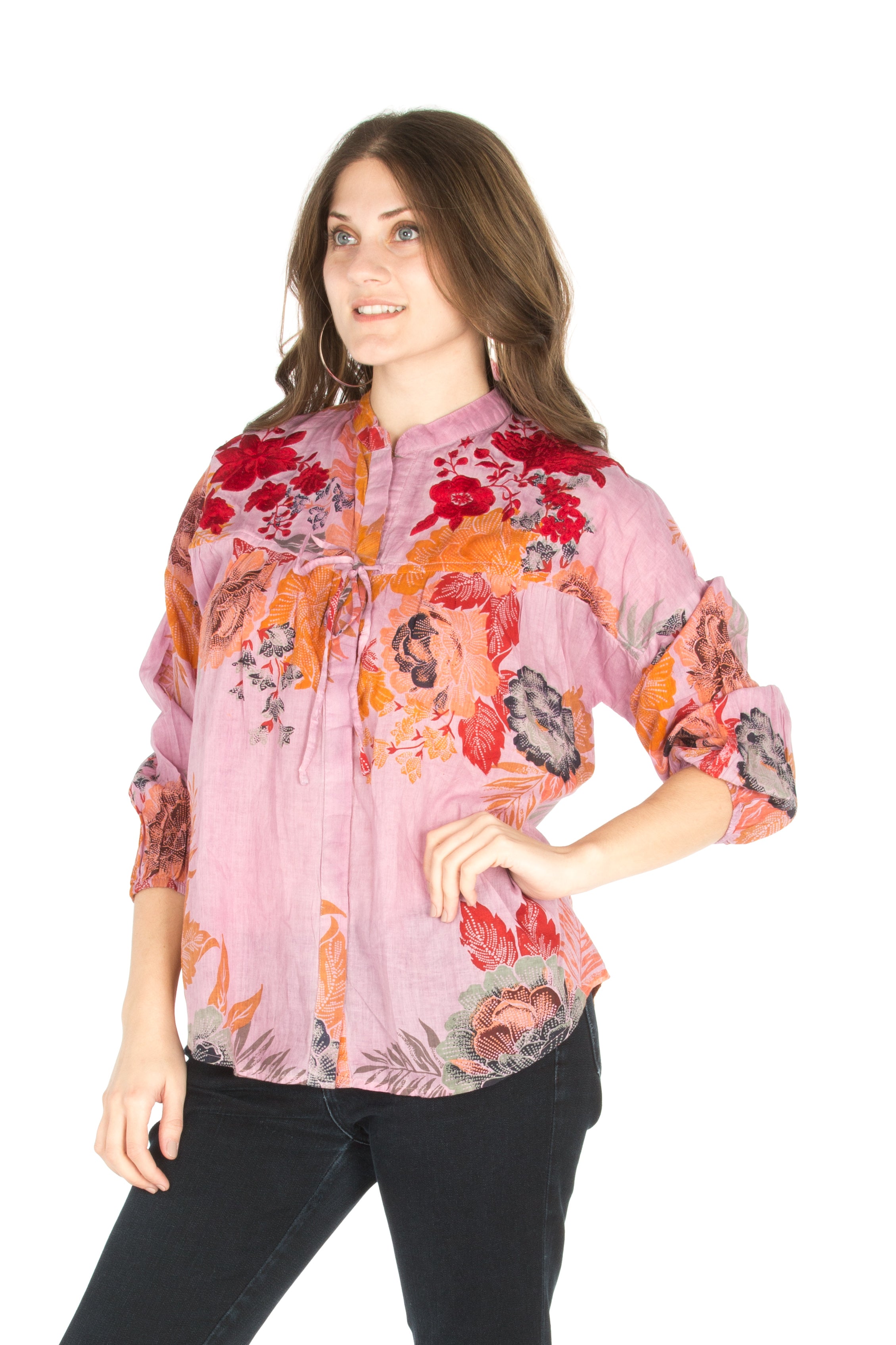 Floral Boho Top with Draw Strings and Embroidery