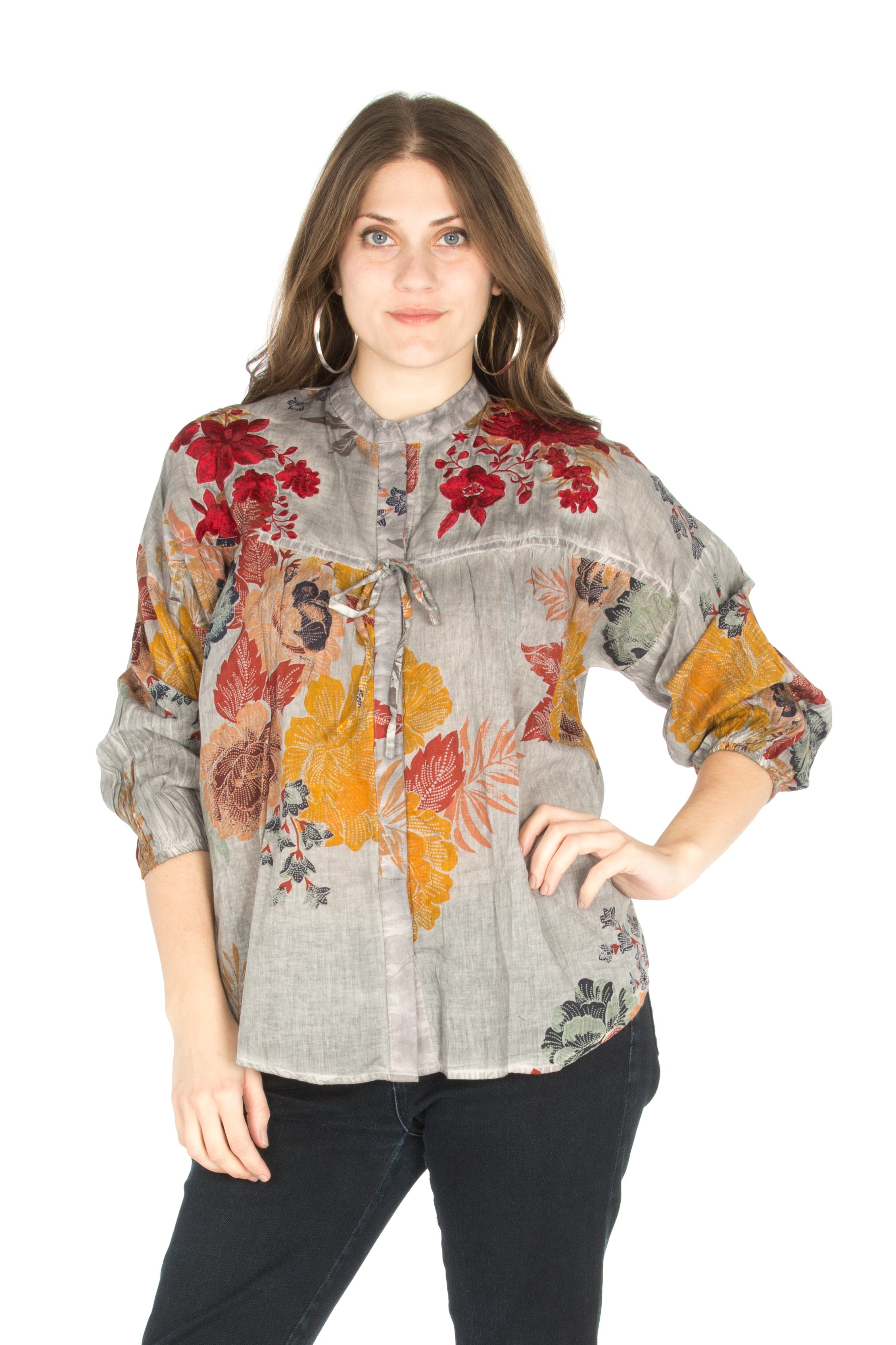 Floral Boho Top with Draw Strings and Embroidery