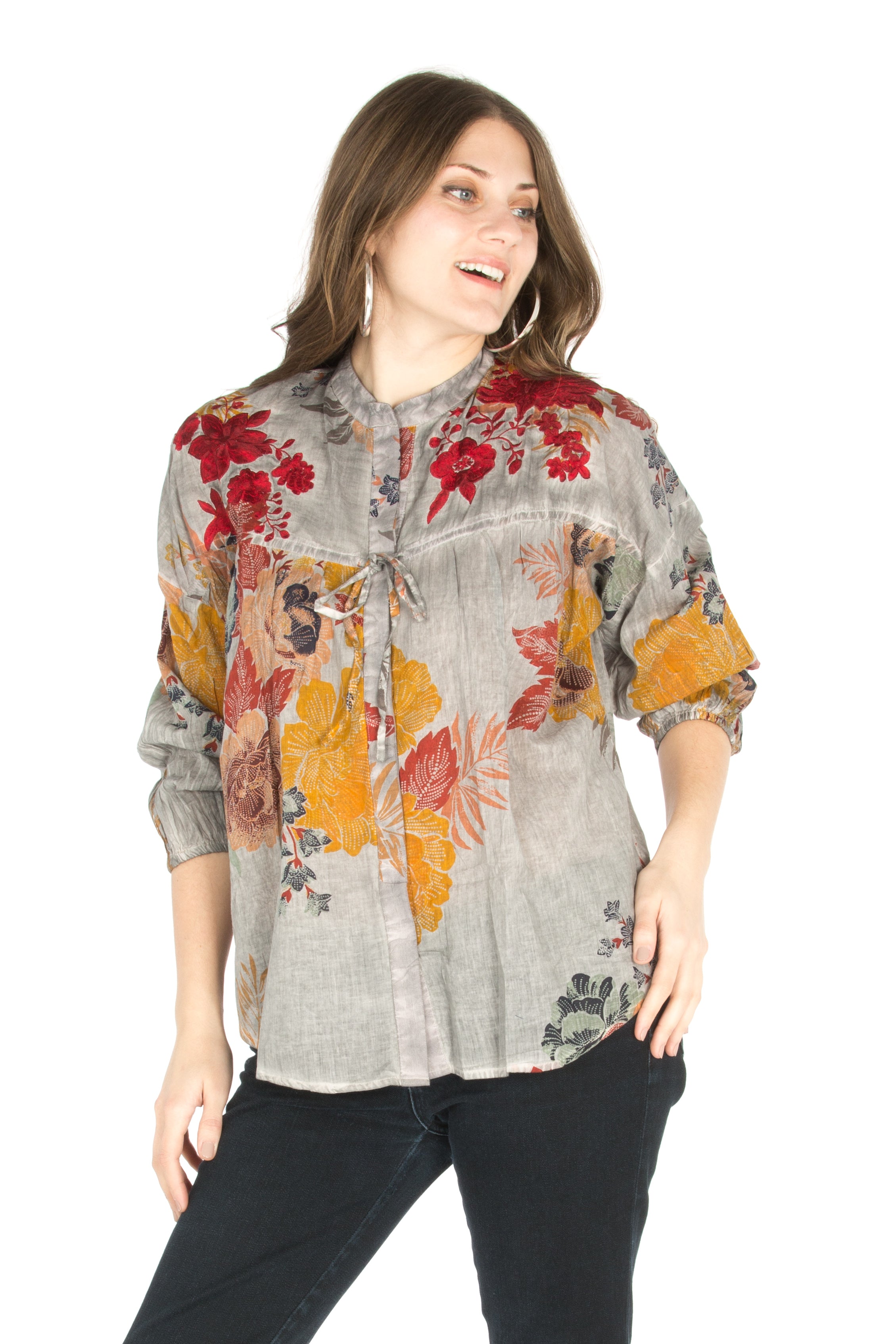 Floral Boho Top with Draw Strings and Embroidery