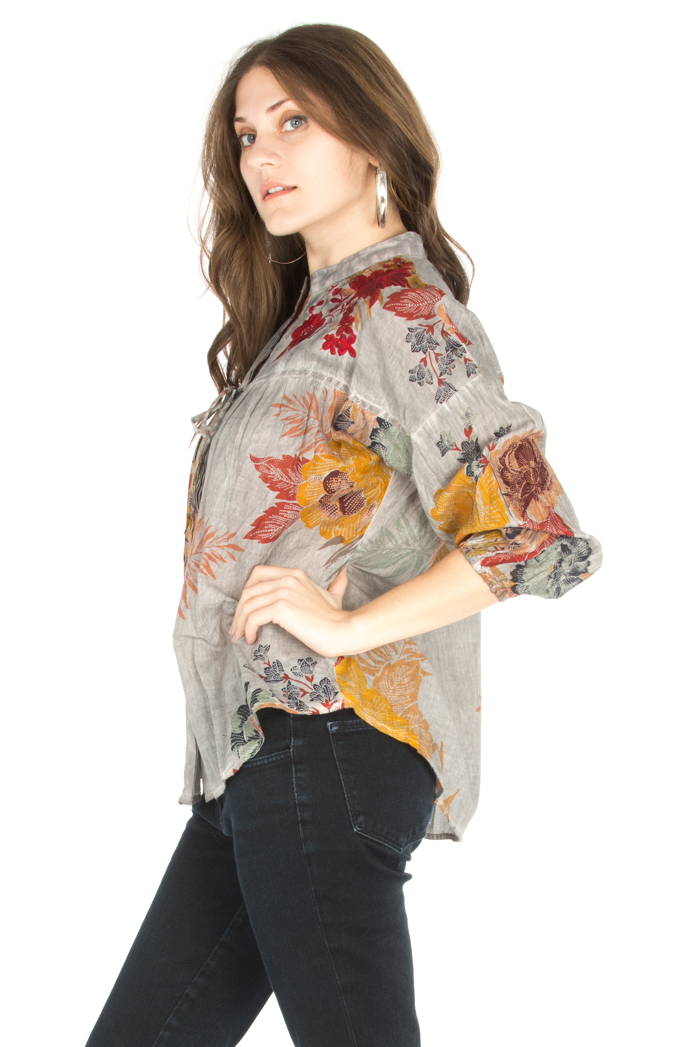 Floral Boho Top with Draw Strings and Embroidery