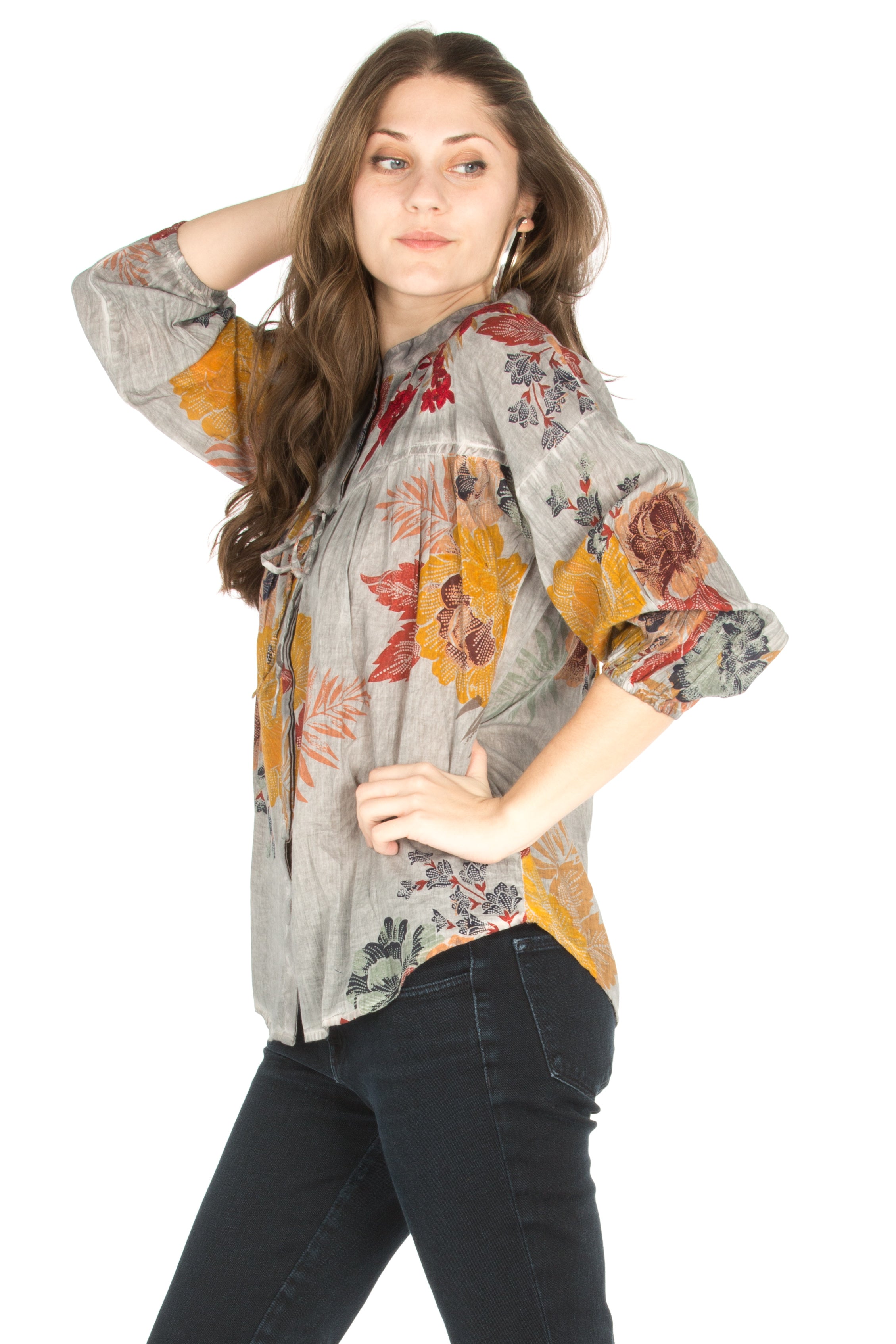 Floral Boho Top with Draw Strings and Embroidery