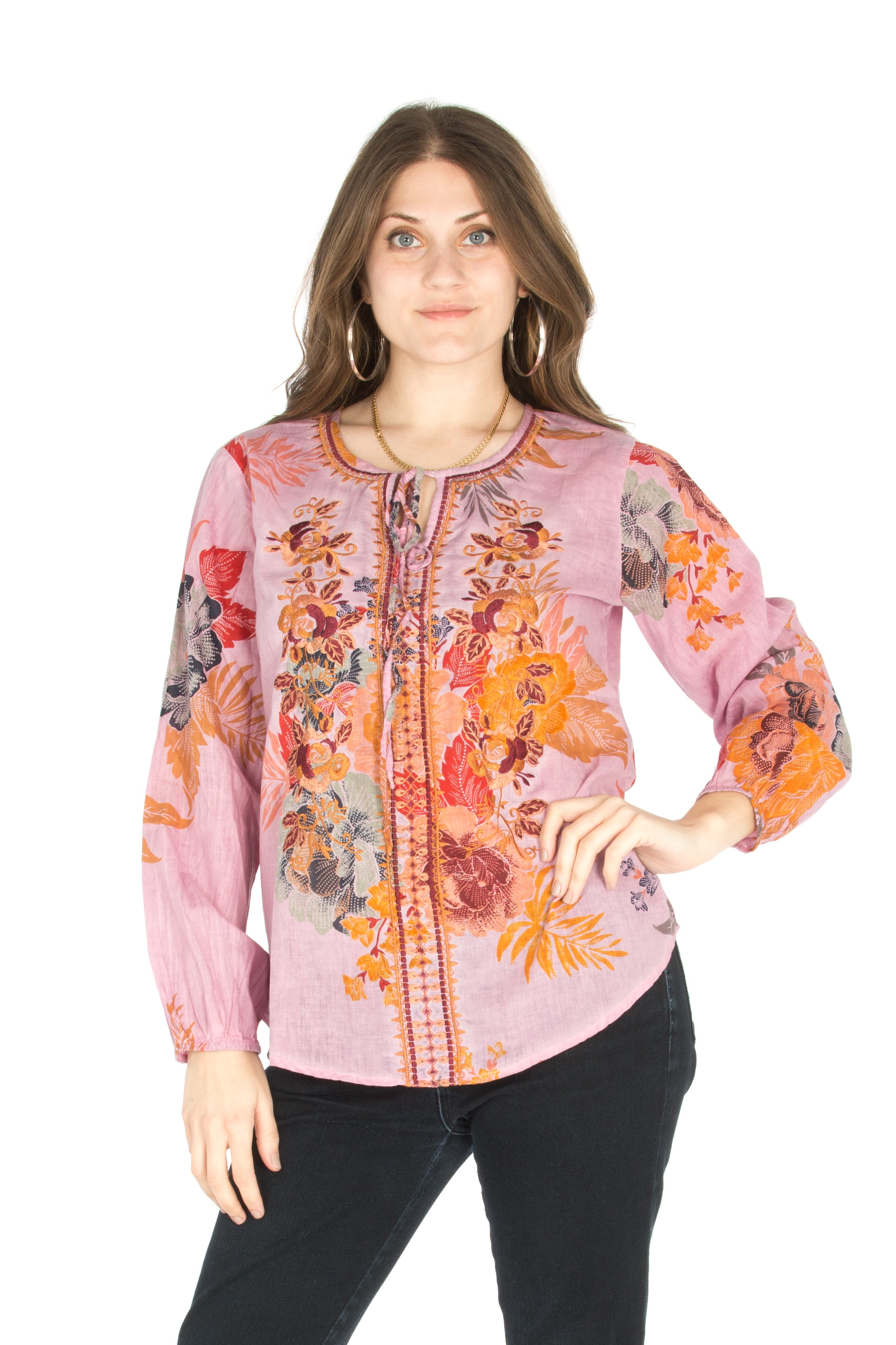 Floral Boho Top with Draw Strings and Embroidery