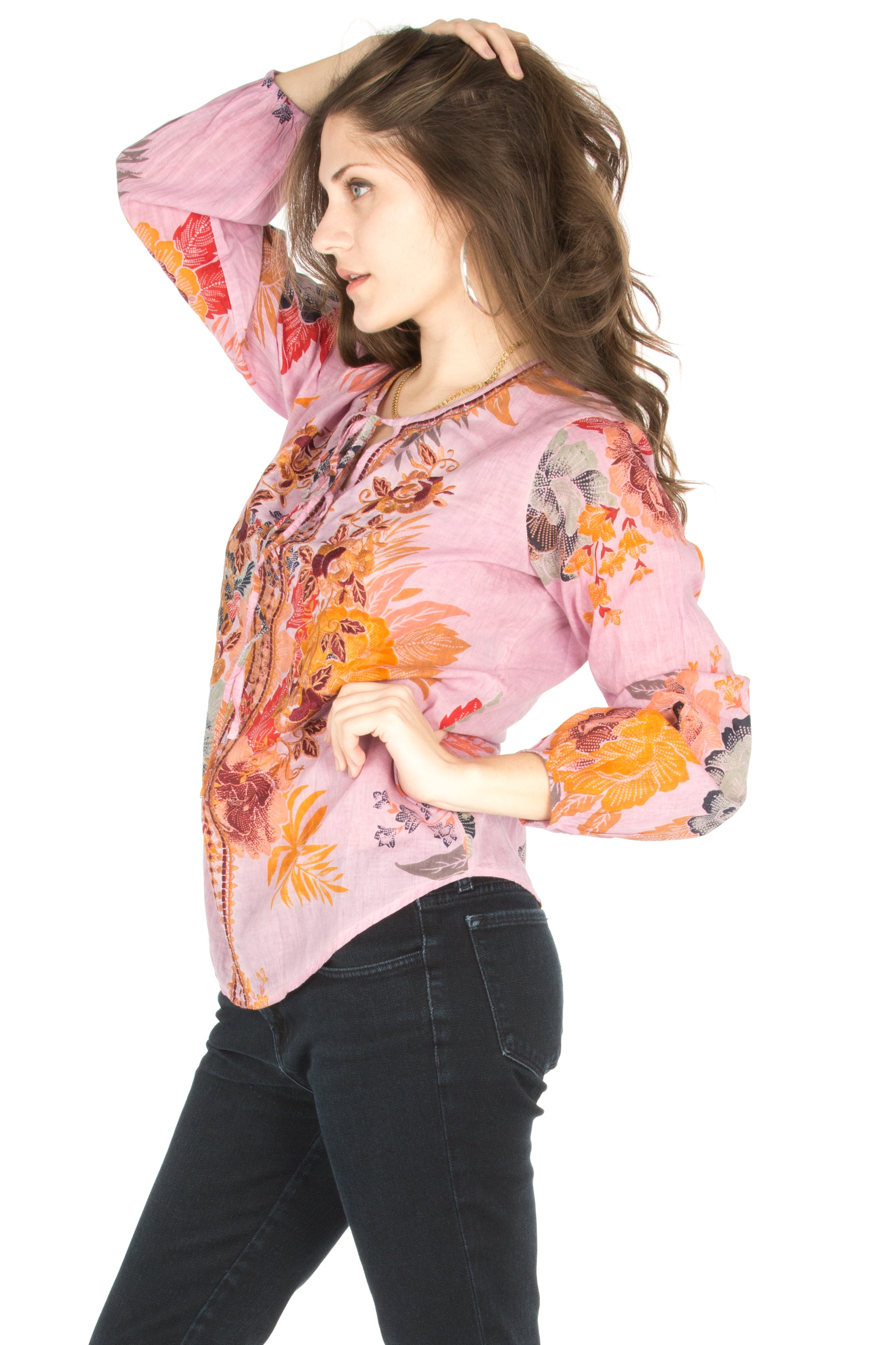 Floral Boho Top with Draw Strings and Embroidery