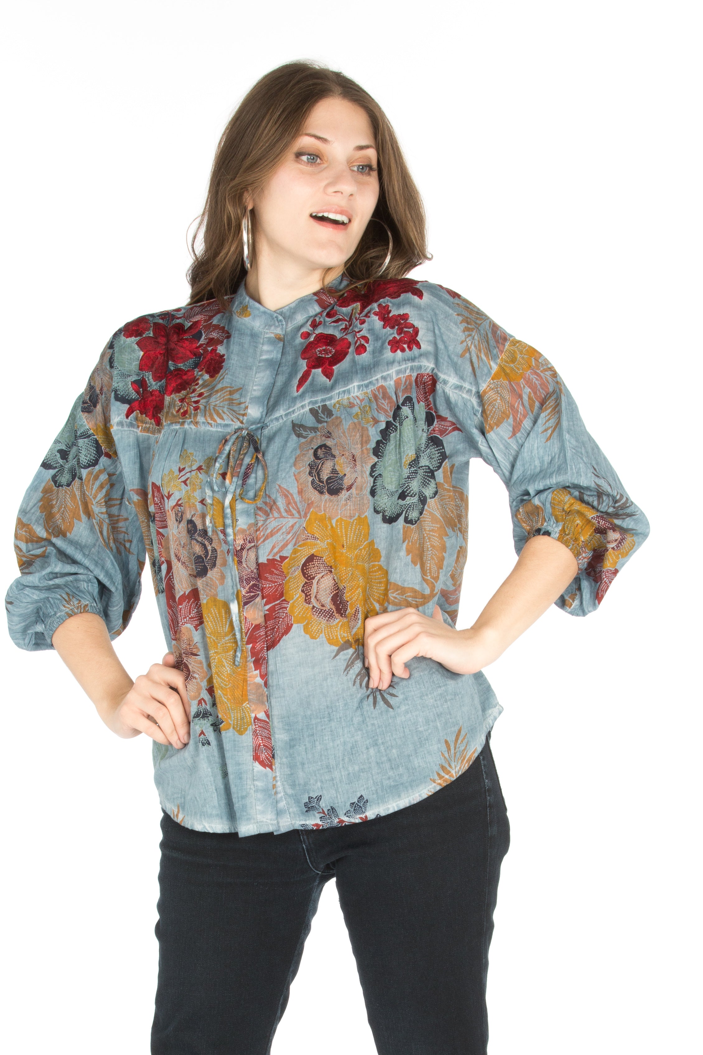 Floral Boho Top with Draw Strings and Embroidery