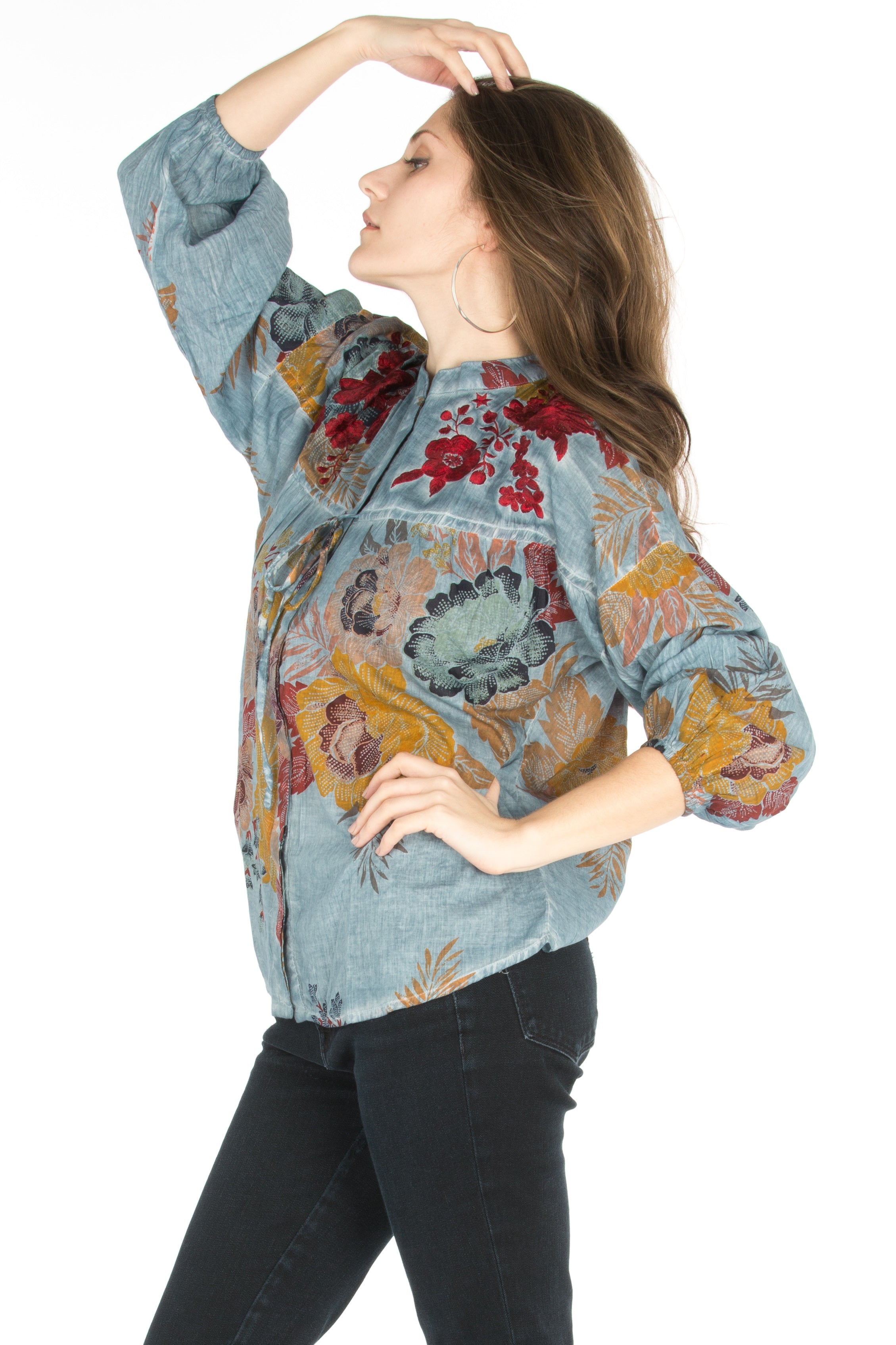 Floral Boho Top with Draw Strings and Embroidery