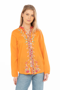 Orange Boho Blouse with Floral Embroidery