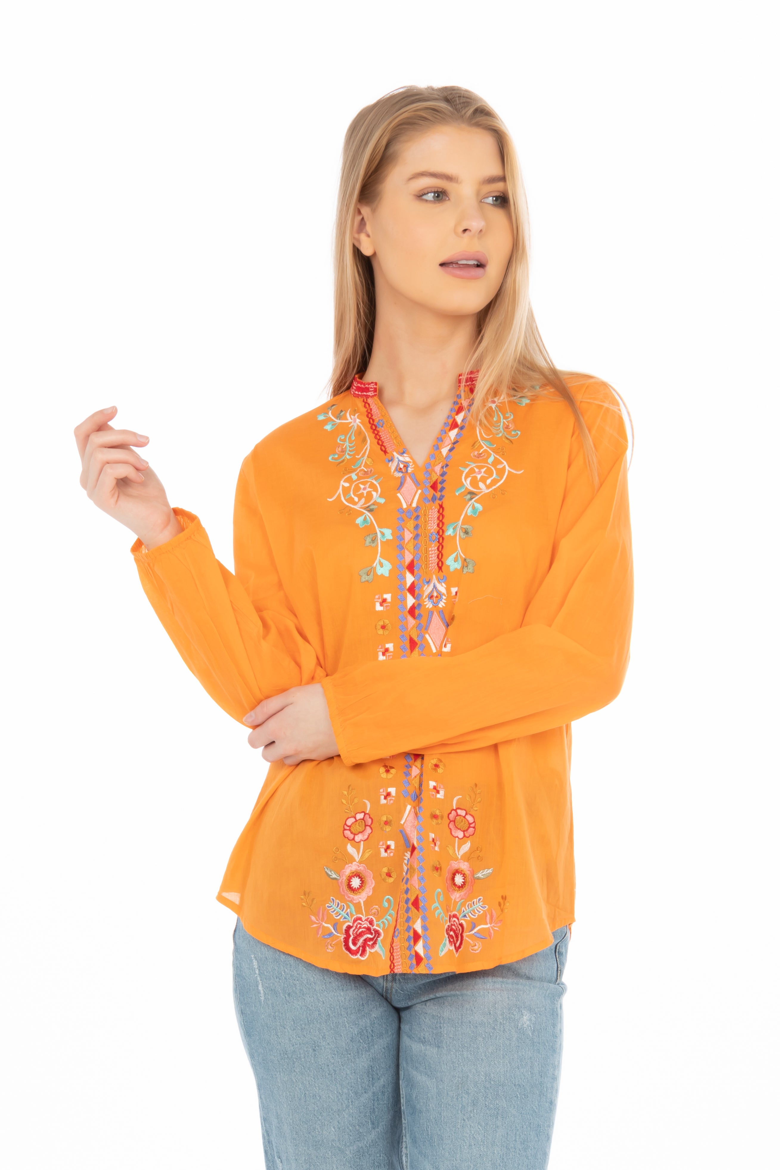 Orange Boho Blouse with Floral Embroidery