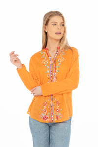 Orange Boho Blouse with Floral Embroidery