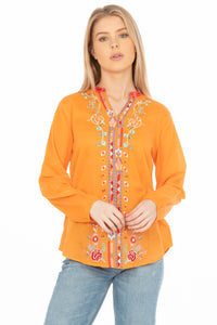 Orange Boho Blouse with Floral Embroidery