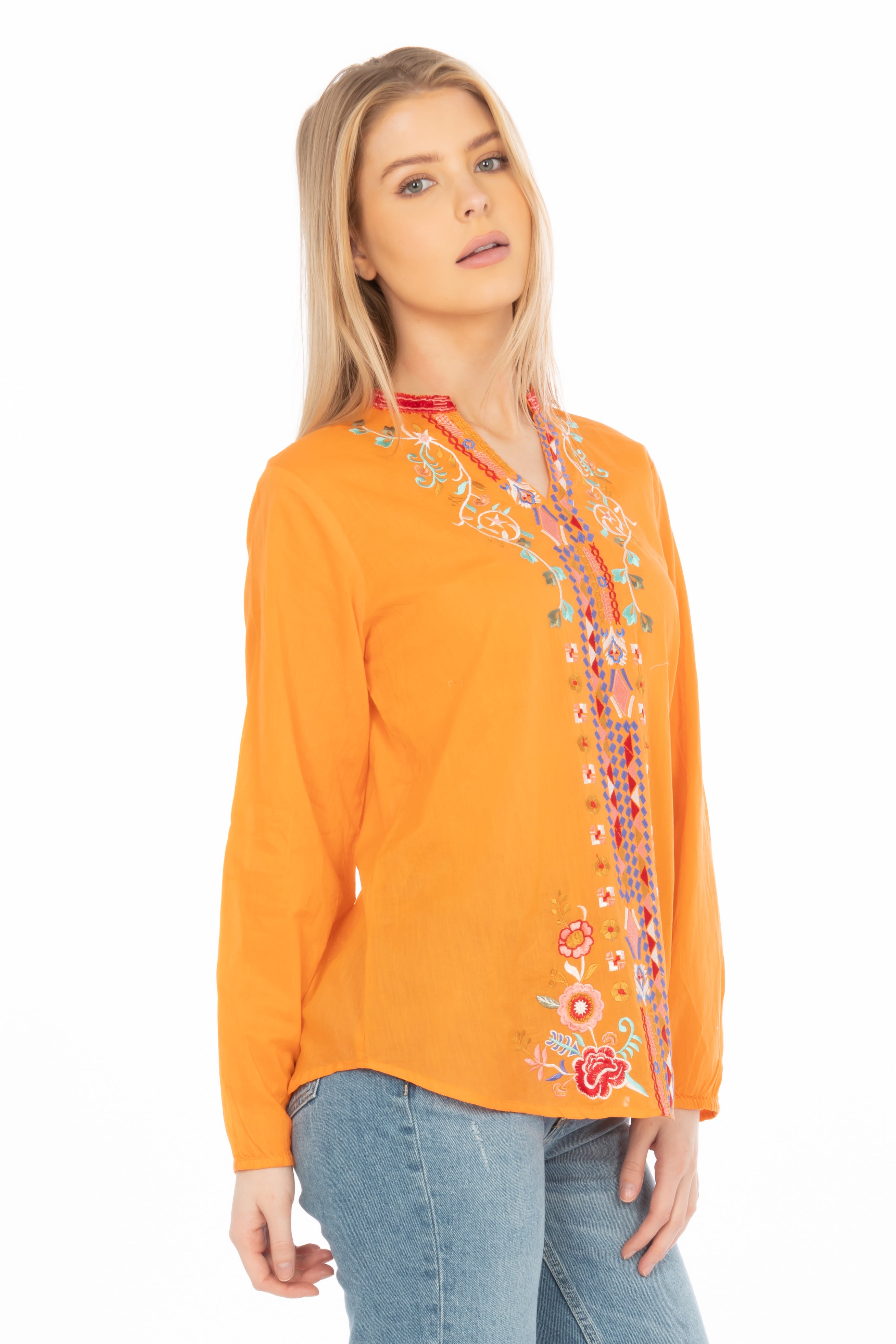 Orange Boho Blouse with Floral Embroidery