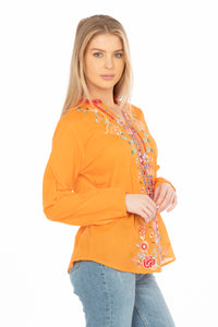 Orange Boho Blouse with Floral Embroidery