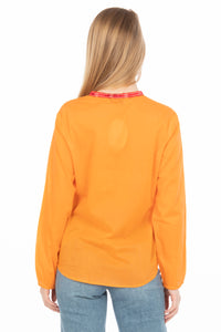 Orange Boho Blouse with Floral Embroidery