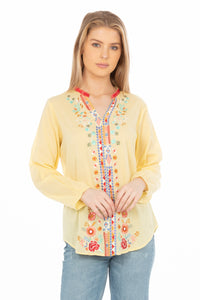 Yellow Boho Blouse with Floral Embroidery