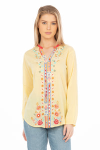 Yellow Boho Blouse with Floral Embroidery