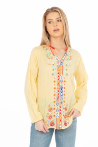 Yellow Boho Blouse with Floral Embroidery