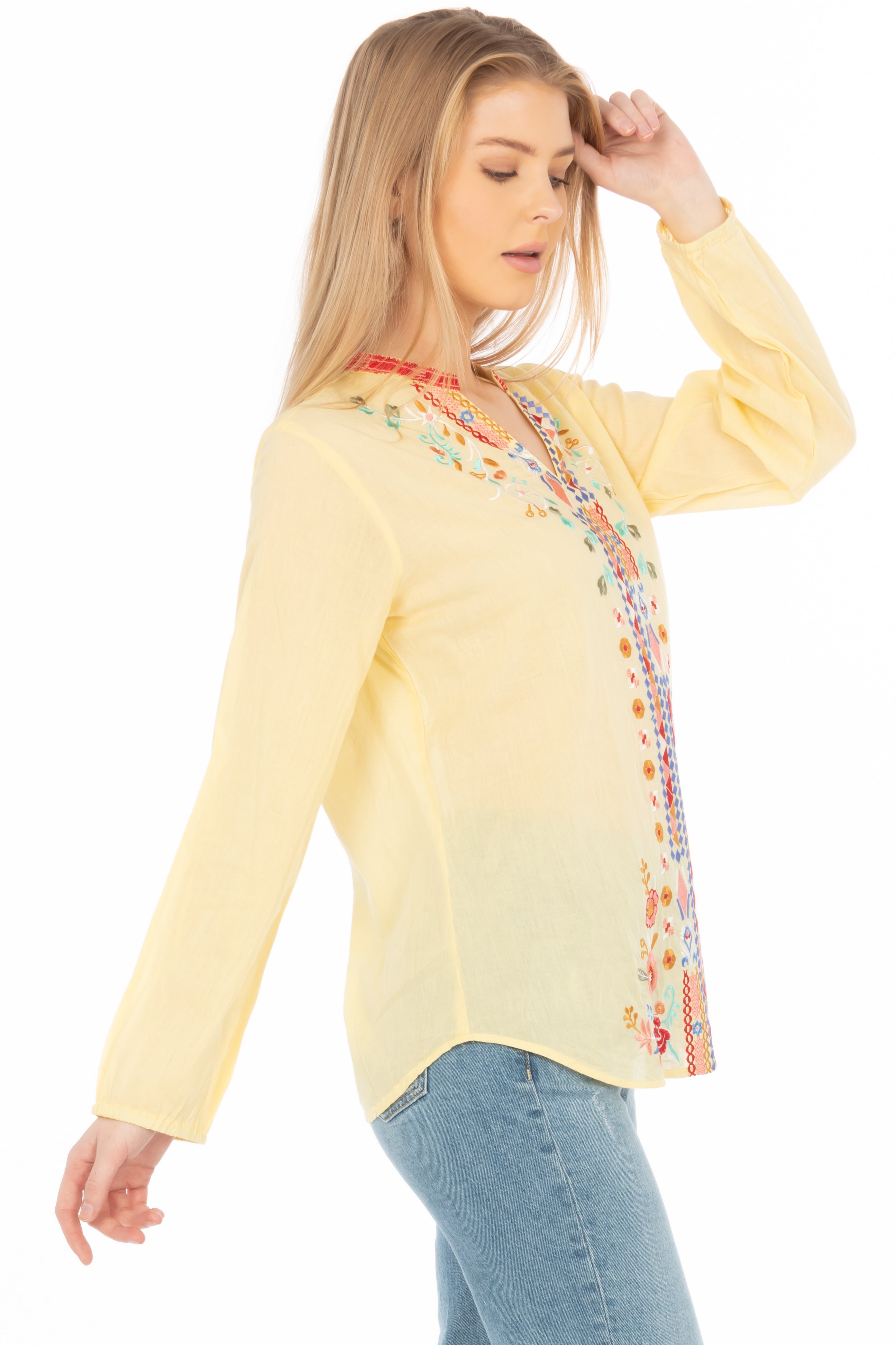 Yellow Boho Blouse with Floral Embroidery