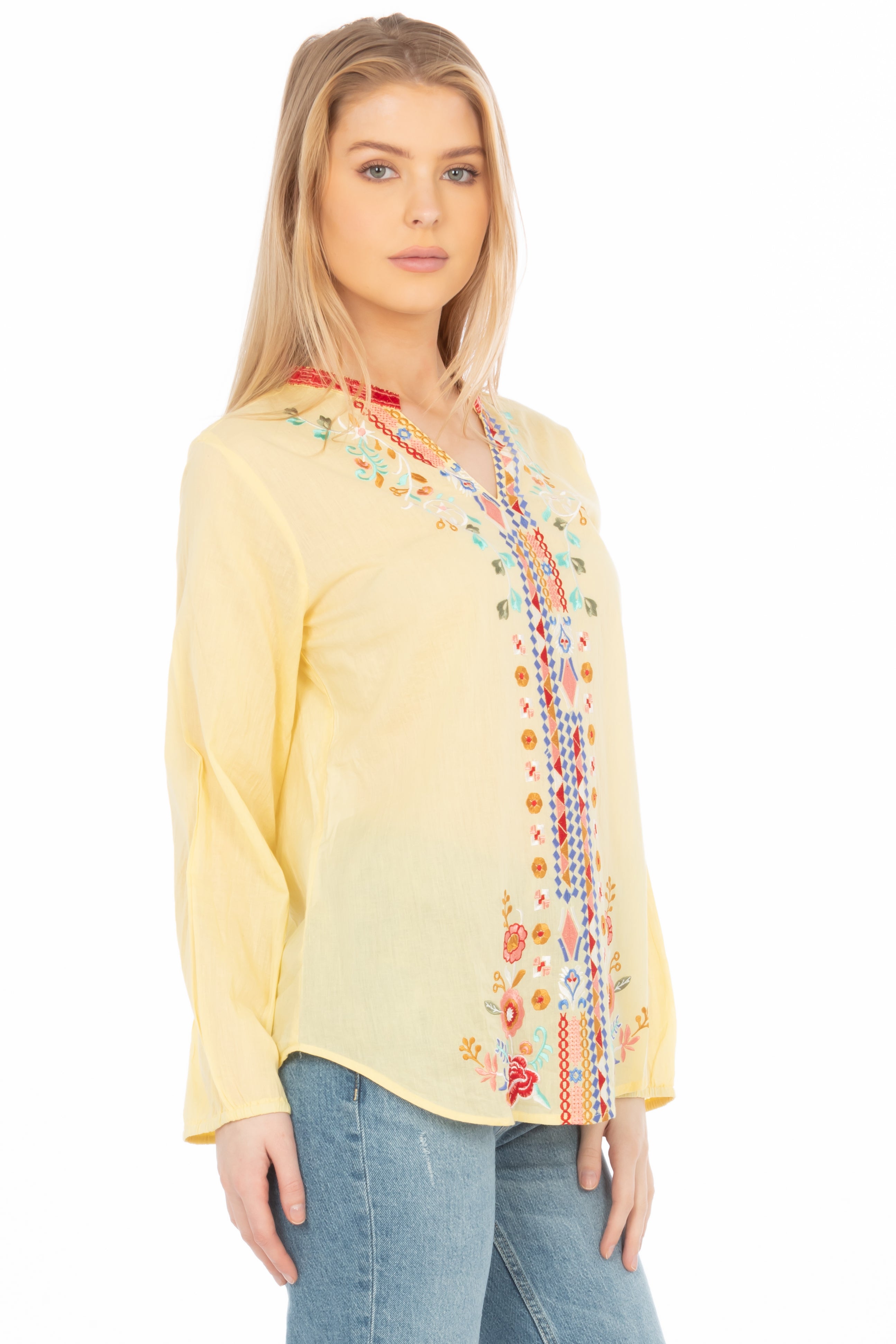 Yellow Boho Blouse with Floral Embroidery