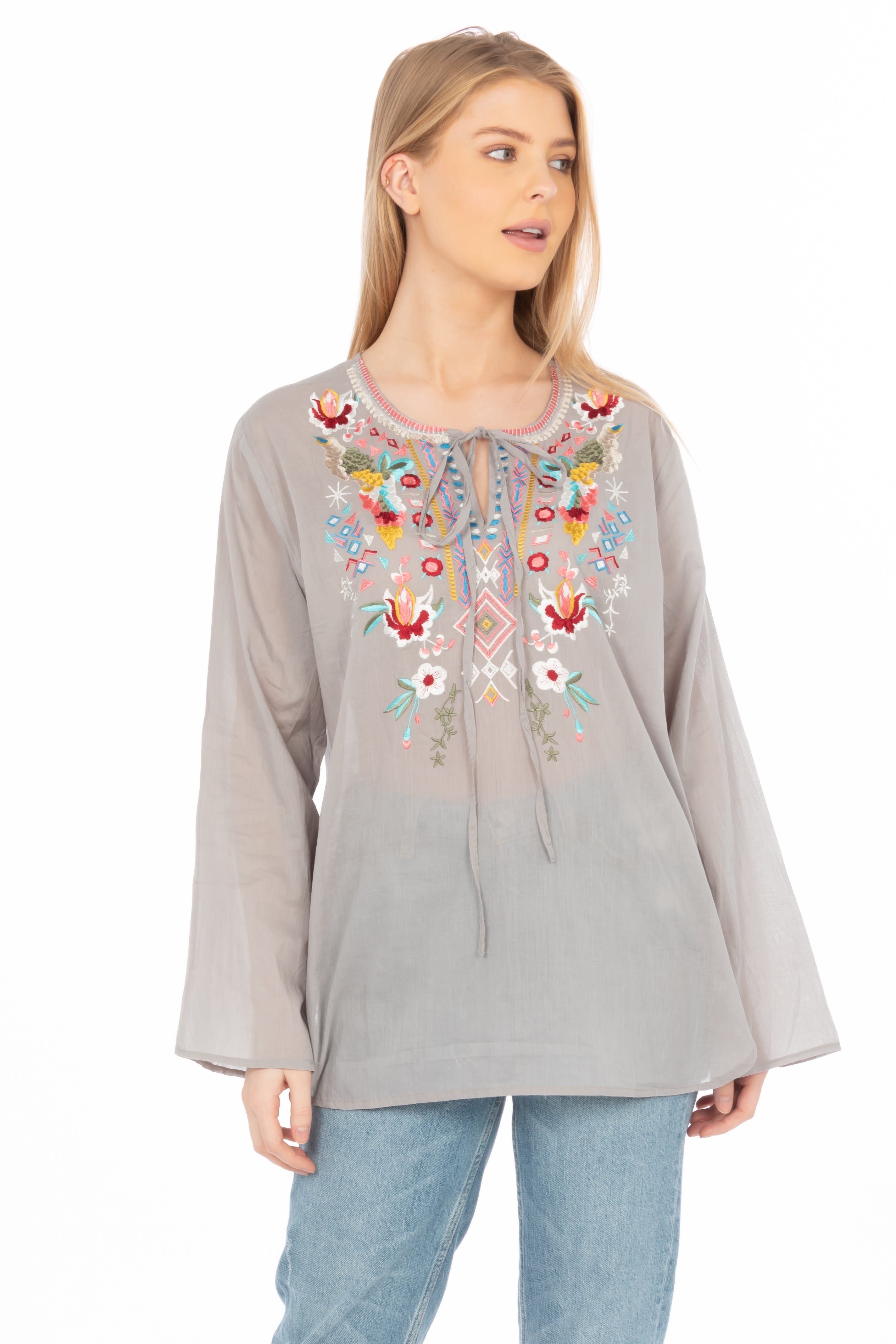 Gray Boho Blouse with Draw Strings and Embroidery