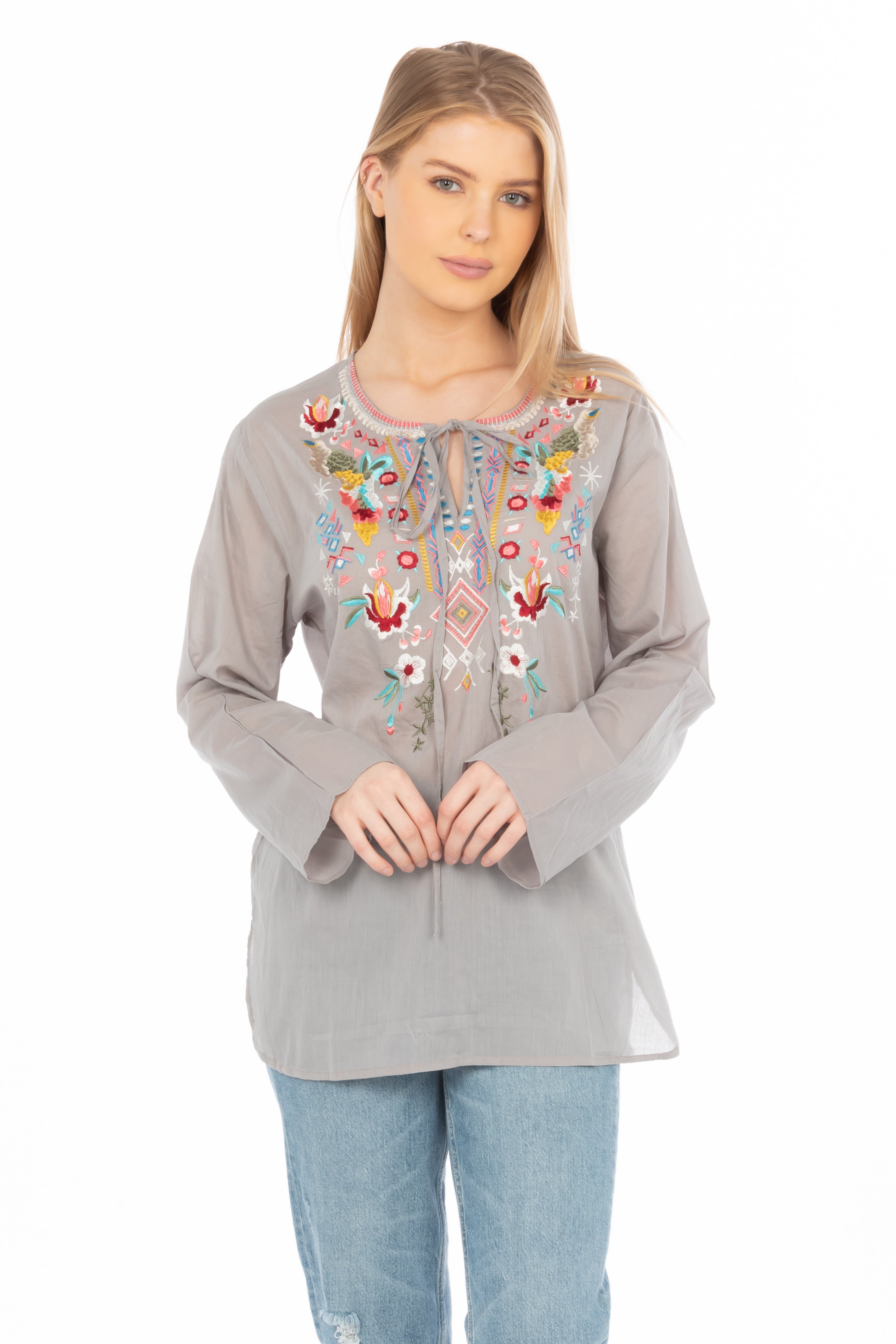 Gray Boho Blouse with Draw Strings and Embroidery