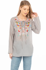 Load image into Gallery viewer, Gray Boho Blouse with Draw Strings and Embroidery
