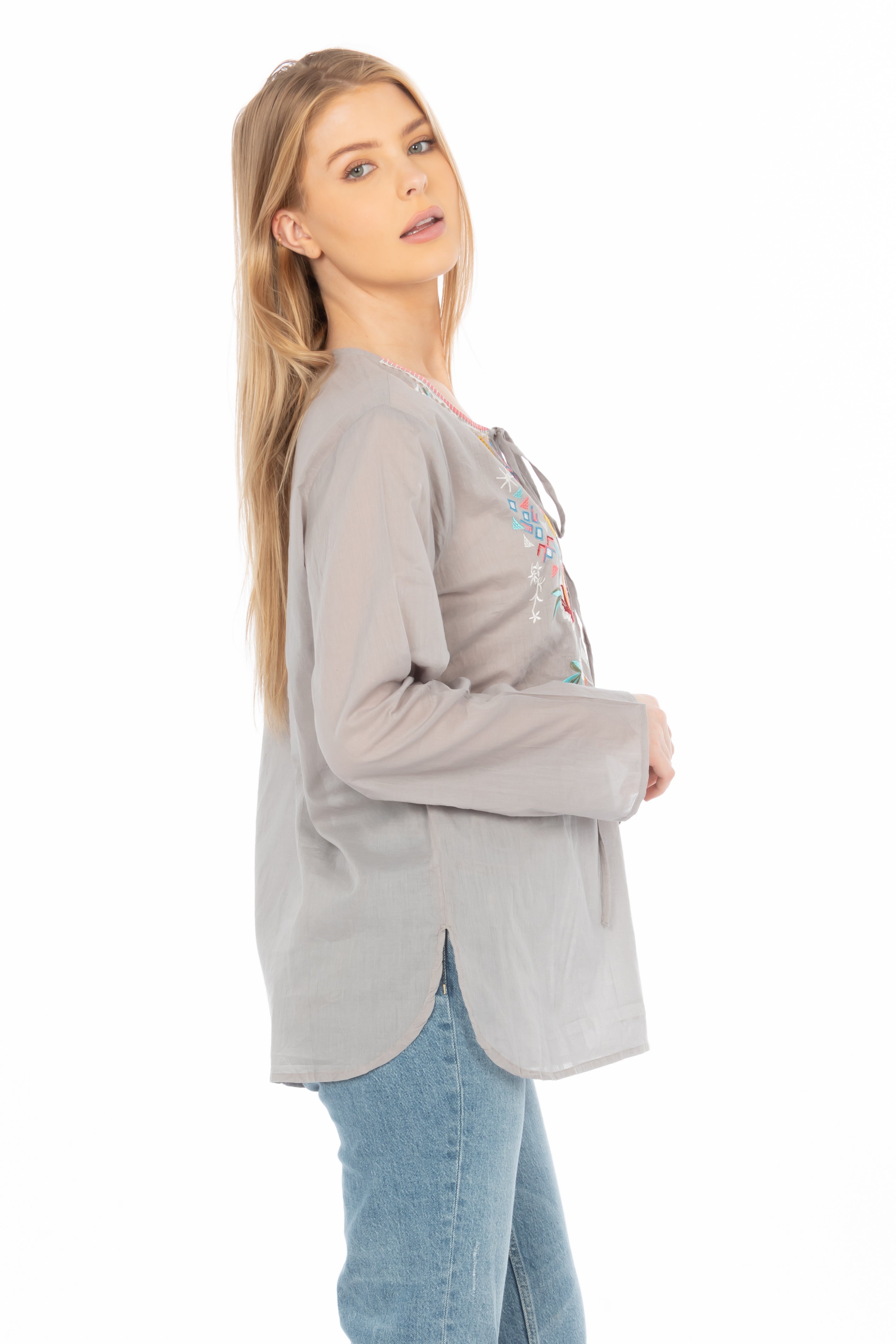 Gray Boho Blouse with Draw Strings and Embroidery