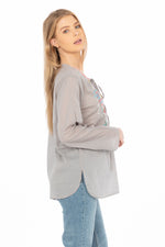 Load image into Gallery viewer, Gray Boho Blouse with Draw Strings and Embroidery
